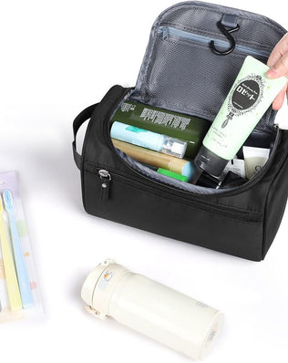 Problems Solved hanging waterproof toiletry bag with multiple compartments for travel and bathroom organization.