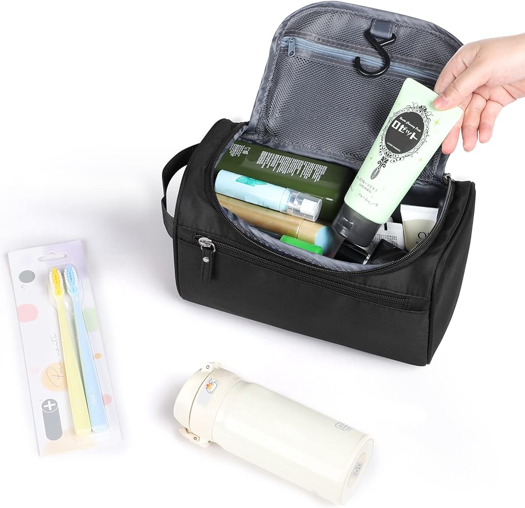 Problems Solved hanging waterproof toiletry bag with multiple compartments for travel and bathroom organization.