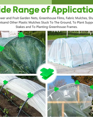 Pack of 50 Problems Solved green greenhouse clamps, 11mm diameter polytunnel plant clips for garden support and plant management.