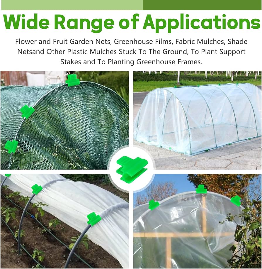 Pack of 50 Problems Solved green greenhouse clamps, 11mm diameter polytunnel plant clips for garden support and plant management.