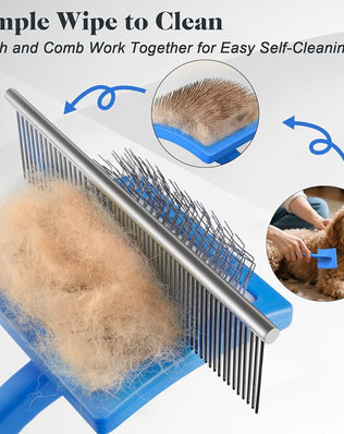 Problems Solved 2PCS slicker dog grooming brush and pet comb set, showing brushed metal slicker brush and plastic pet comb on white background.