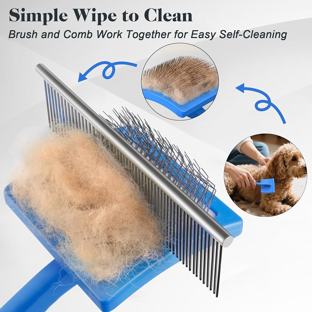 Problems Solved 2PCS slicker dog grooming brush and pet comb set, showing brushed metal slicker brush and plastic pet comb on white background.