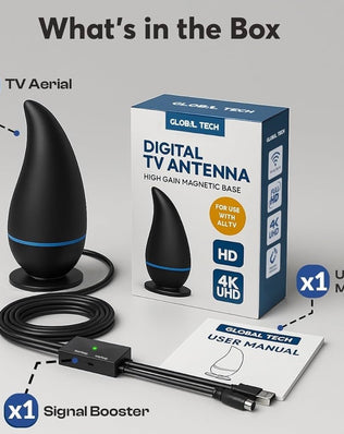 Problems Solved 2026 Indoor TV Aerial with long-range digital antenna, showing a slim, modern design and connection ports.