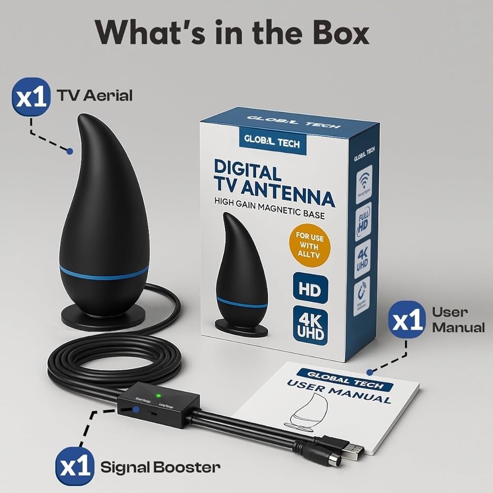 Problems Solved 2026 Indoor TV Aerial with long-range digital antenna, showing a slim, modern design and connection ports.