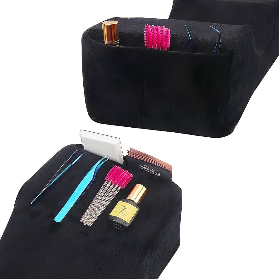 Black velvet eyelash extension pillow by Problems Solved featuring memory foam neck support for beauty salons.