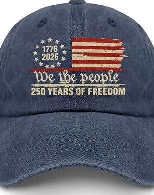 Problems Solved retro washed printed U.S. 250th anniversary baseball hat with vintage design and adjustable strap, front view.