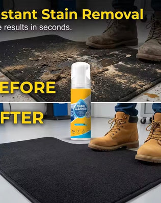 Problems Solved 4-in-1 Multi-enzyme Foam Cleaner for car interior, leather, bathroom, and sofa, showing foam cleaning in action.