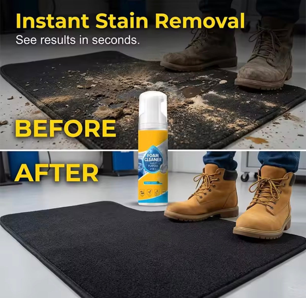 Problems Solved 4-in-1 Multi-enzyme Foam Cleaner for car interior, leather, bathroom, and sofa, showing foam cleaning in action.