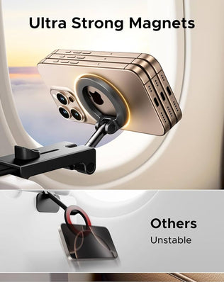 Problems Solved magnetic airplane phone holder for MagSafe, designed for travel, attaches securely to airplane surfaces.
