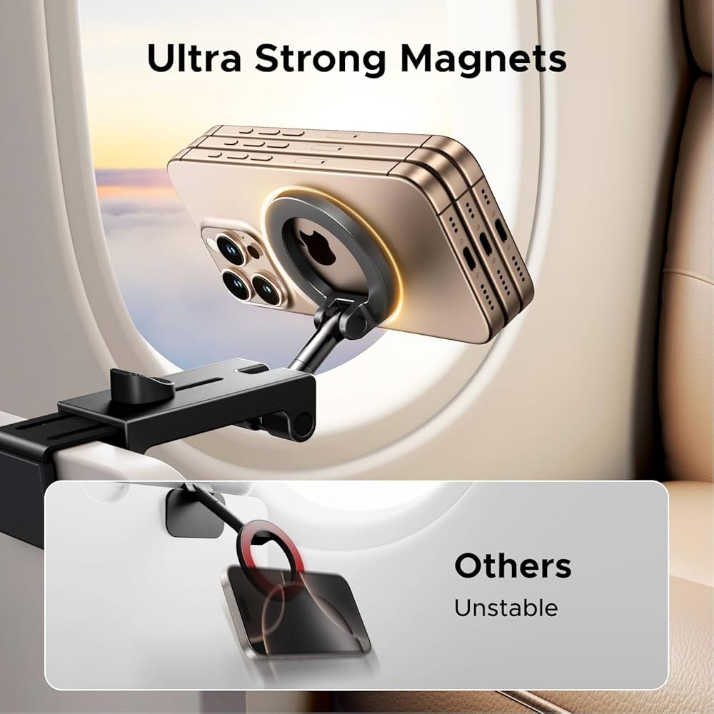 Problems Solved magnetic airplane phone holder for MagSafe, designed for travel, attaches securely to airplane surfaces.