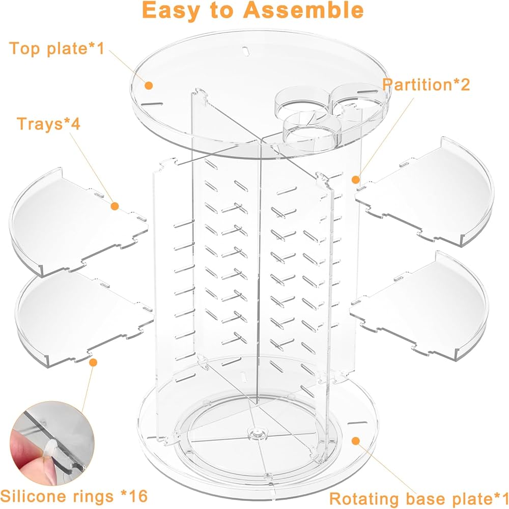 Problems Solved rotating makeup organizer with 8 adjustable layers, spinning skincare storage for easy access and organization.