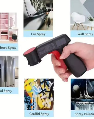 Portable plastic spray paint handle by Problems Solved, reusable universal spray gun attachment for easy painting tasks.