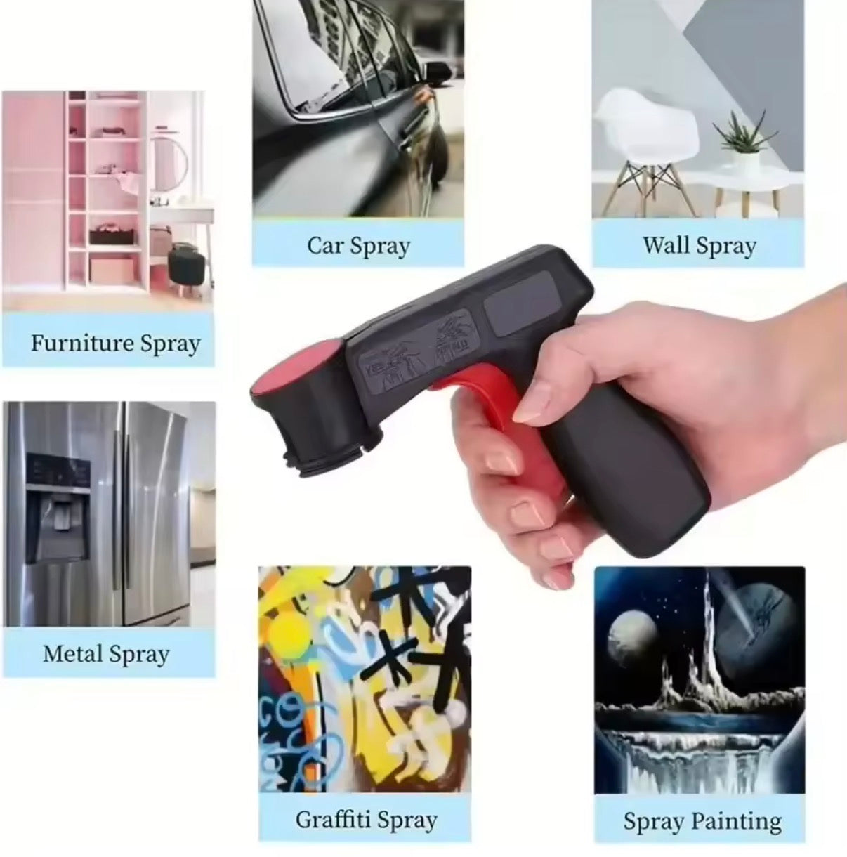 Portable plastic spray paint handle by Problems Solved, reusable universal spray gun attachment for easy painting tasks.