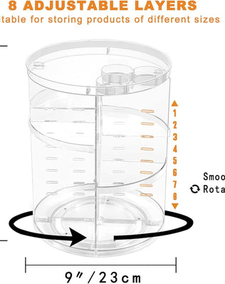 Problems Solved rotating makeup organizer with 8 adjustable spinning layers for skincare and cosmetics storage.