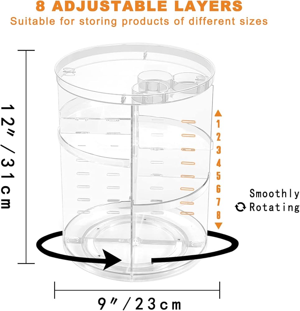 Problems Solved rotating makeup organizer with 8 adjustable spinning layers for skincare and cosmetics storage.