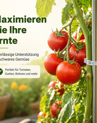 Problems Solved plant clips for climbing plants, 200-piece tomato hooks for trellis support, shown attached to tomato plants in a garden.