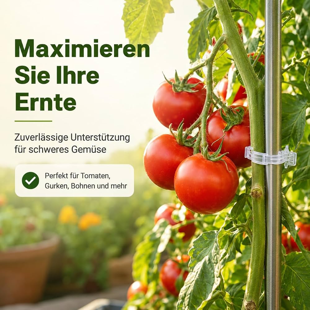 Problems Solved plant clips for climbing plants, 200-piece tomato hooks for trellis support, shown attached to tomato plants in a garden.