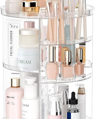 Problems Solved rotating makeup organizer with 8 adjustable layers for skincare and cosmetics, spinning for easy access.