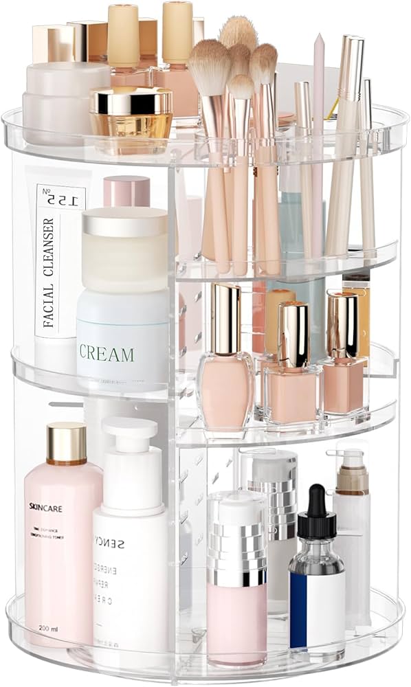 Problems Solved rotating makeup organizer with 8 adjustable layers for skincare and cosmetics, spinning for easy access.