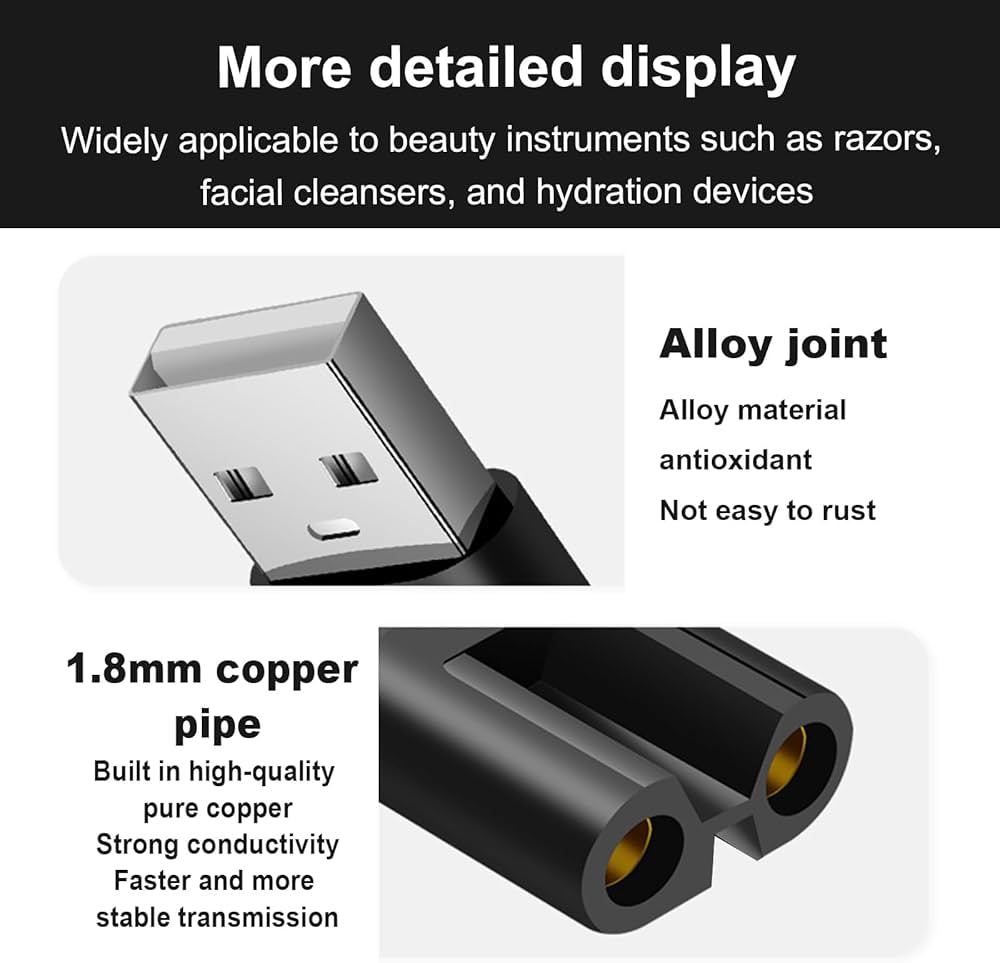 5V charging cable for Philips OneBlade by Problems Solved, compatible with all models, shown plugged into the device.