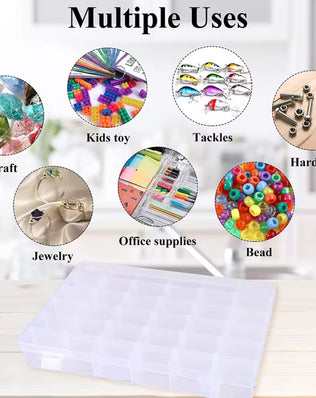 Clear plastic storage box with multiple compartments by Problems Solved, showing a transparent container for organizing small items.