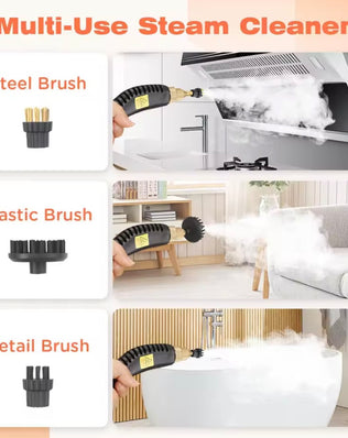 Problems Solved handheld steam cleaner in use, showing its portable design for cleaning various surfaces with steam.