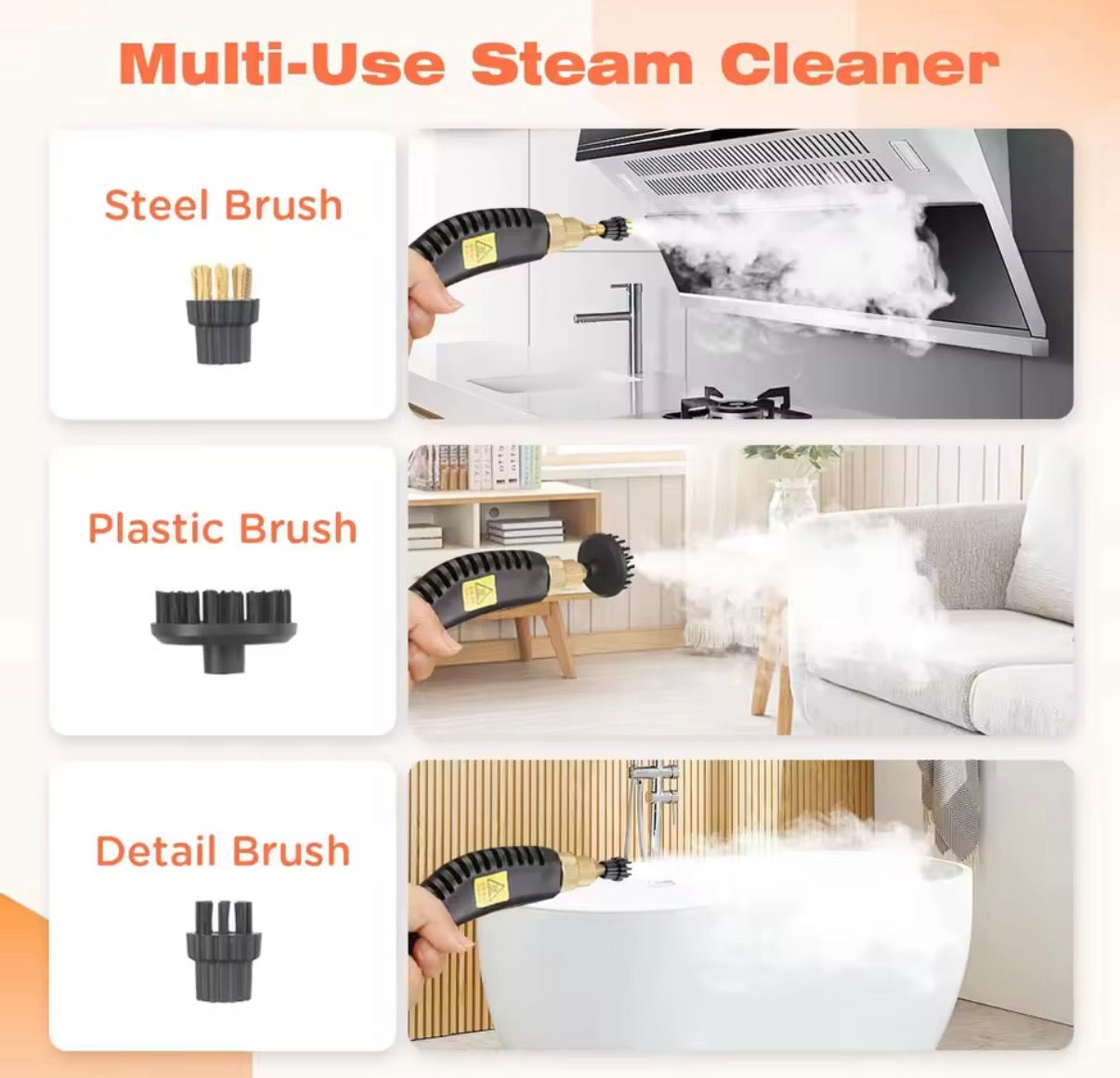 Problems Solved handheld steam cleaner in use, showing its portable design for cleaning various surfaces with steam.