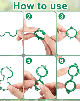 A pack of 100 Problems Solved garden plant support clips for climbing plants, shown in a natural outdoor garden setting.