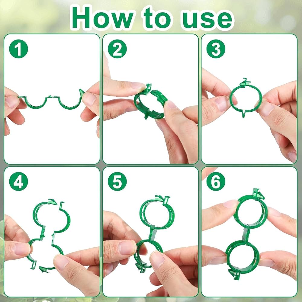 A pack of 100 Problems Solved garden plant support clips for climbing plants, shown in a natural outdoor garden setting.