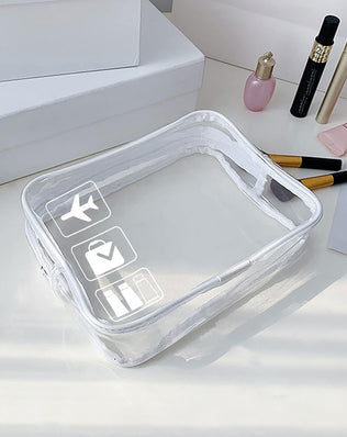 Problems Solved clear TSA-approved quart size travel toiletry bag with compartments for liquids and essentials for airport carry-on.