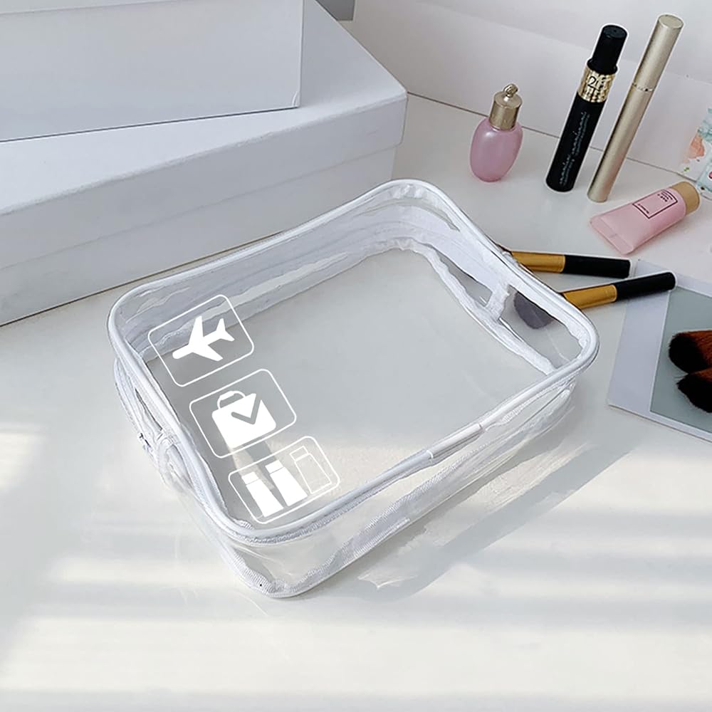 Problems Solved clear TSA-approved quart size travel toiletry bag with compartments for liquids and essentials for airport carry-on.