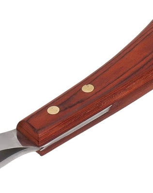 Problems Solved hoof knife with wooden handle, a farrier tool for trimming horse hooves, featuring a sharp, curved cutting blade.