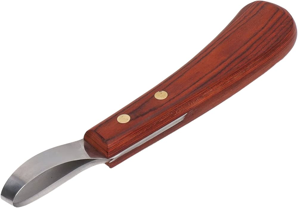 Problems Solved hoof knife with wooden handle, a farrier tool for trimming horse hooves, featuring a sharp, curved cutting blade.
