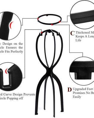 Three black wig stand heads on tall holders for displaying or styling wigs, by Problems Solved, in a set of three.