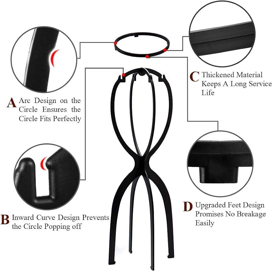 Three black wig stand heads on tall holders for displaying or styling wigs, by Problems Solved, in a set of three.