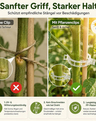 Problems Solved plant clips for climbing plants, 200-piece tomato hooks and trellis clips for supporting garden plants.