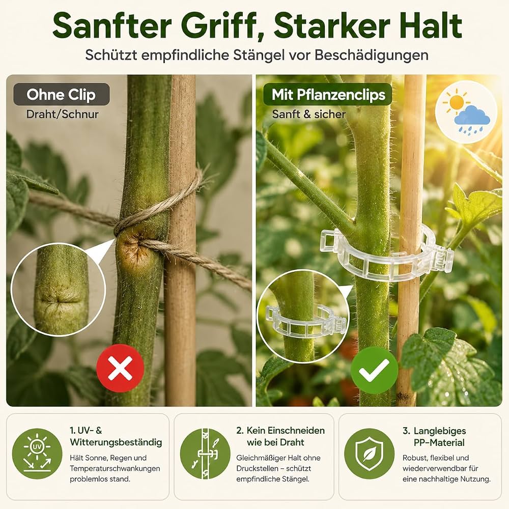 Problems Solved plant clips for climbing plants, 200-piece tomato hooks and trellis clips for supporting garden plants.