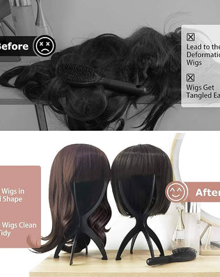 Two Problems Solved wig stands with short wig heads for displaying and styling short wigs, shown on a clean white background.