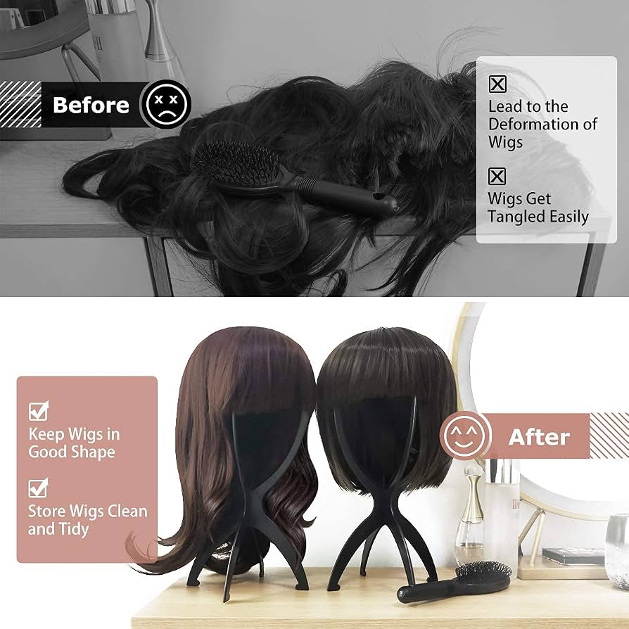 Two Problems Solved wig stands with short wig heads for displaying and styling short wigs, shown on a clean white background.