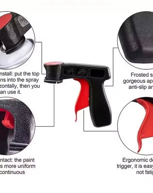 Plastic portable spray paint handle by Problems Solved, reusable and universal, shown attached to a spray paint can.