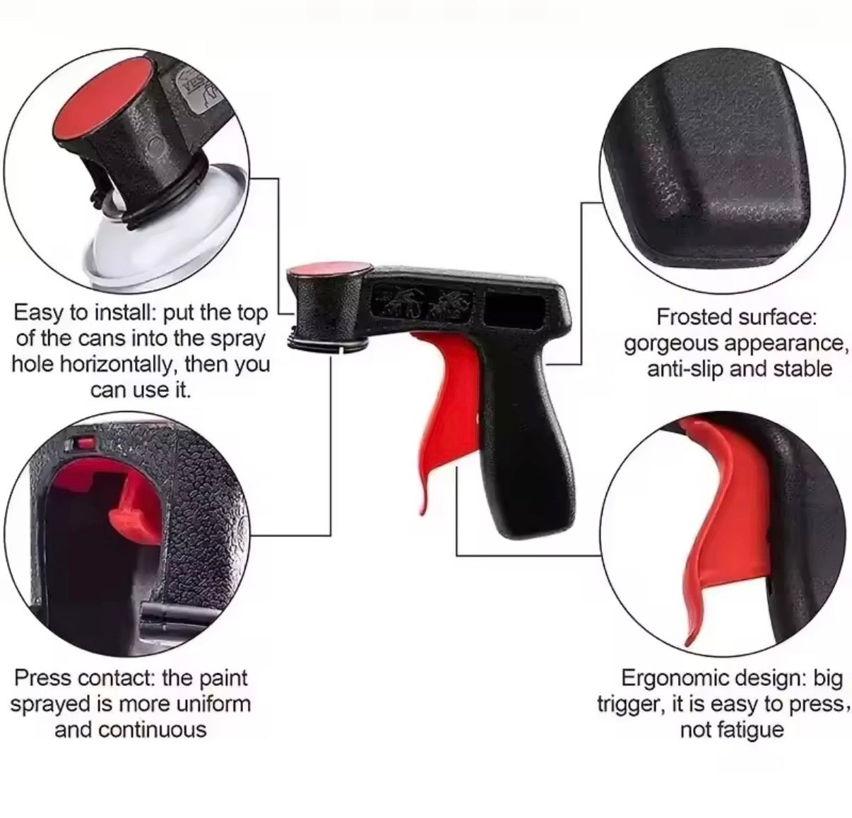 Plastic portable spray paint handle by Problems Solved, reusable and universal, shown attached to a spray paint can.