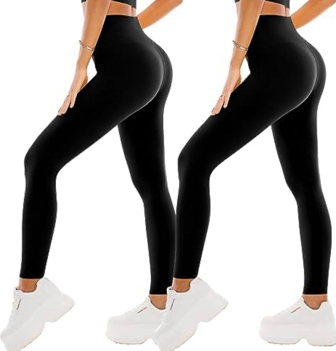 Problems Solved high waisted women's leggings, buttery soft elastic fabric with tummy control, 2-pack, black and gray colors.