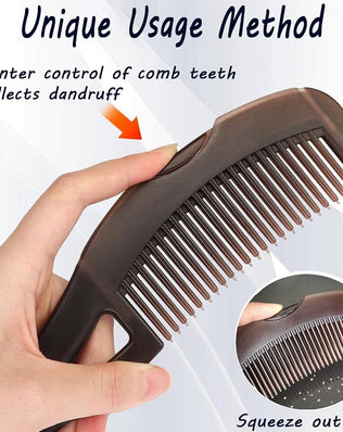 Problems Solved Dandruff Comb with hollow teeth for scalp detox, psoriasis, lice, and hair scalp care in brown.