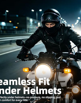 Problems Solved men's and women's UV protection motorcycle and snowboard balaclava showing full face coverage and breathable fabric.