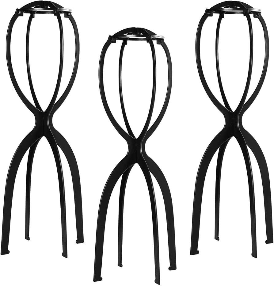 Three black tall wig stand heads from Problems Solved, perfect for holding and displaying wigs in a salon or at home.