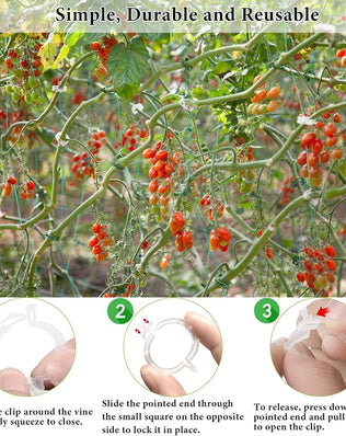 Problems Solved plant clips for climbing plants, 200-piece set with tomato hooks and trellis supports for garden gardening.