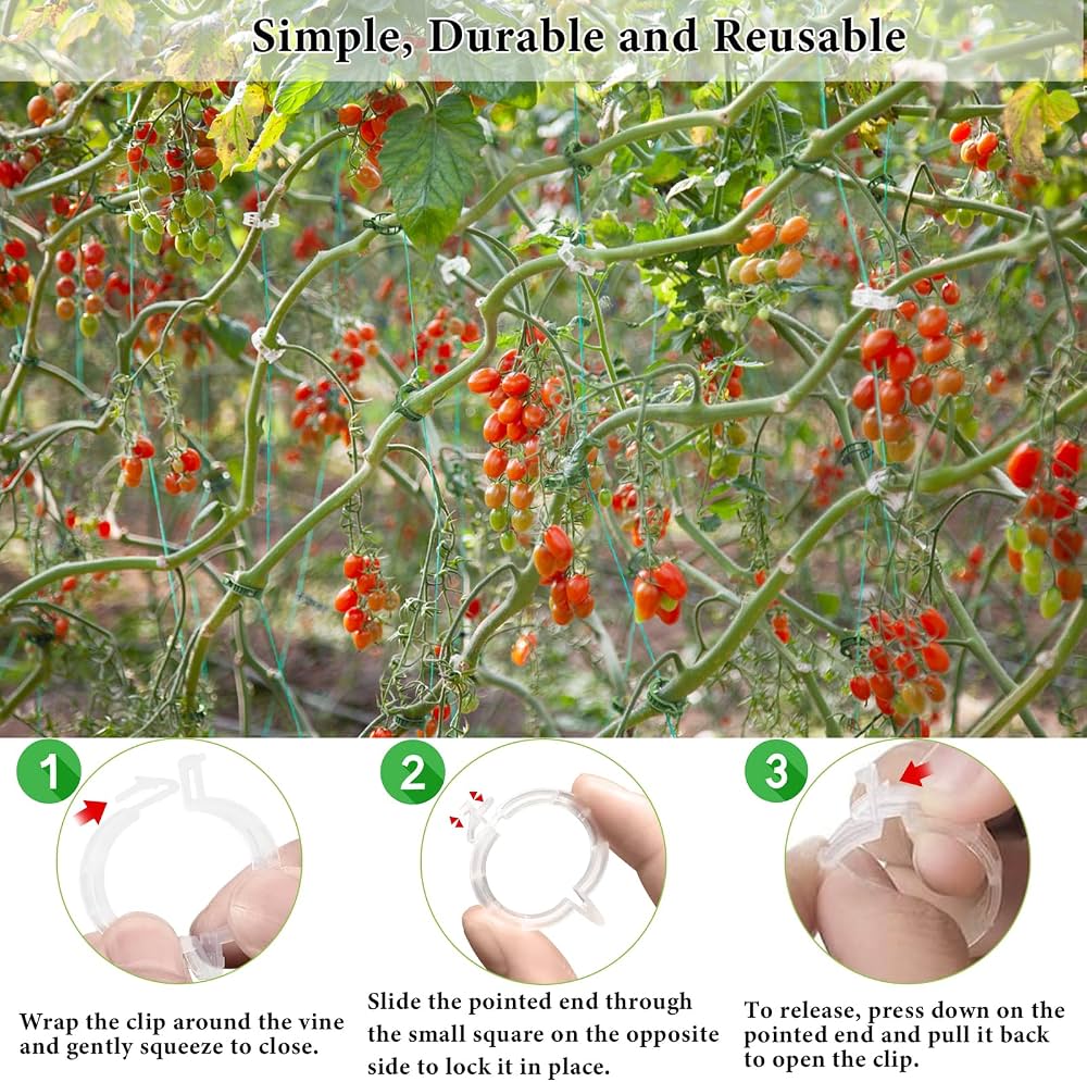 Problems Solved plant clips for climbing plants, 200-piece set with tomato hooks and trellis supports for garden gardening.