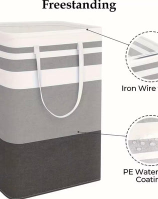 Extra large waterproof laundry hamper with extended handle by Problems Solved, foldable design, showing durable fabric and sturdy handle.