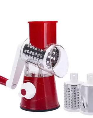 Problems Solved vegetable and fruit slicer grater benchtop drum cutter with multiple blades and a sturdy base for efficient food prep.