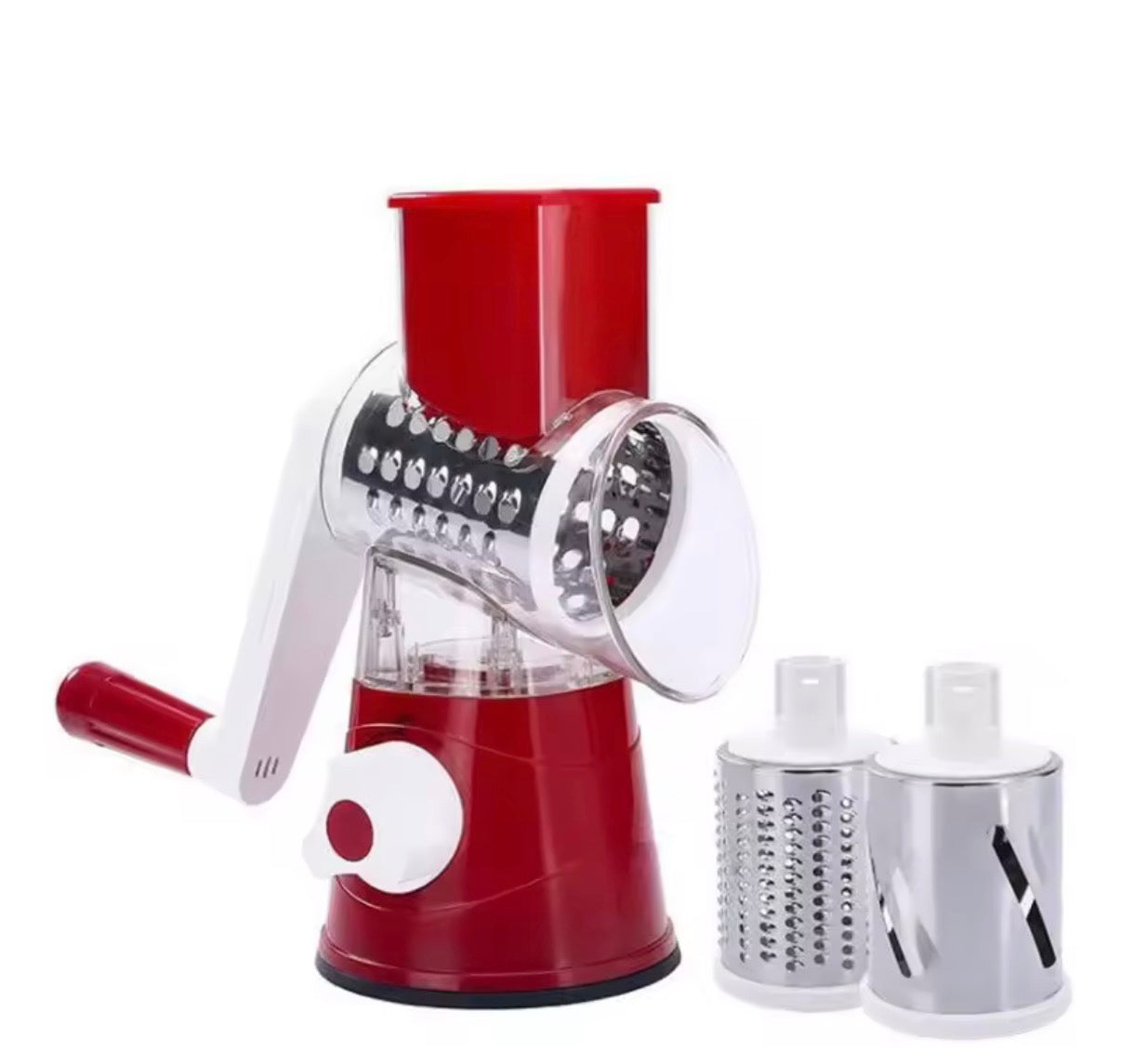 Problems Solved vegetable and fruit slicer grater benchtop drum cutter with multiple blades and a sturdy base for efficient food prep.